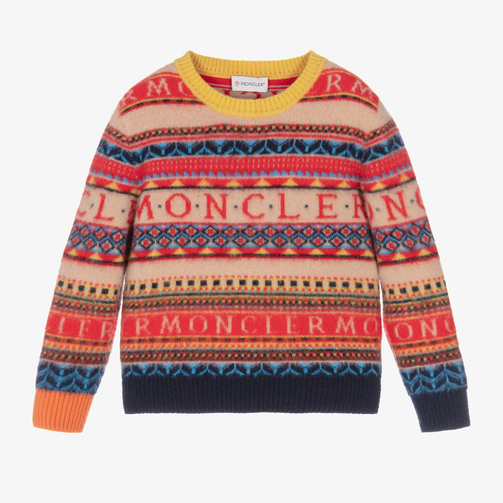 Moncler Enfant - Красно-бежевый шерстяной свитер с узором фэр-айл | Childrensalon