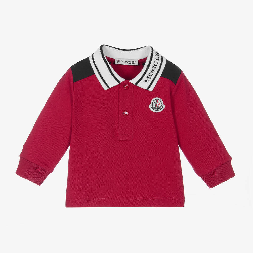 Moncler Enfant - توب بولو أطفال ولادي قطن بيكيه لون أحمر | Childrensalon