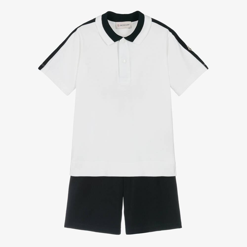 Moncler Enfant - Boys White & Navy Blue Cotton Shorts Set | Childrensalon