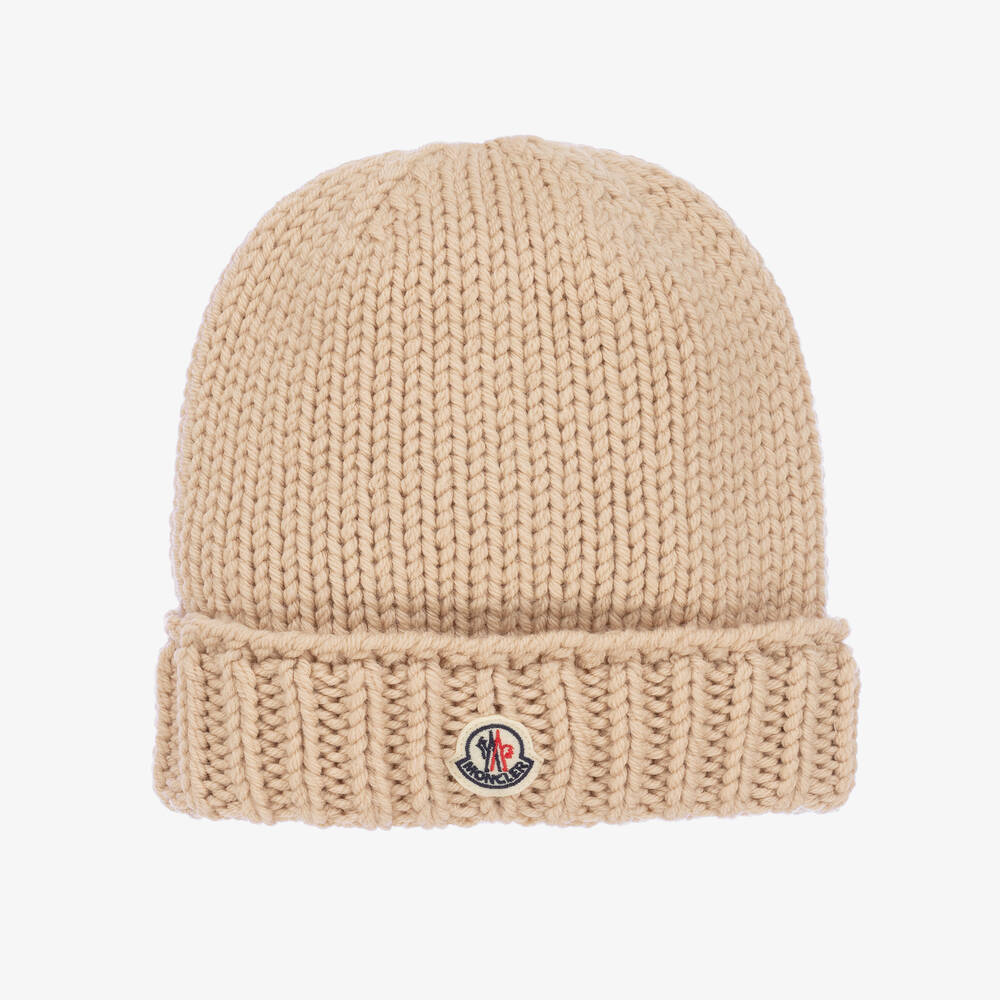 Moncler Enfant - Girls Beige Wool Knit Beanie Hat | Childrensalon