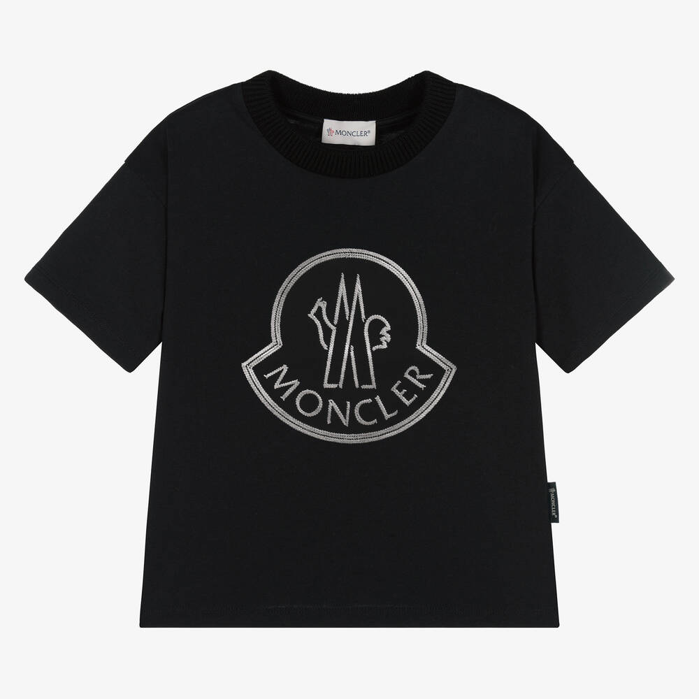 Moncler Enfant - Girls Black Cotton T-Shirt | Childrensalon