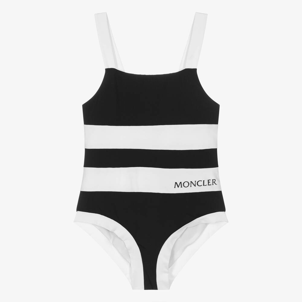 Moncler Enfant - Girls Black & Ivory Striped Swimsuit | Childrensalon