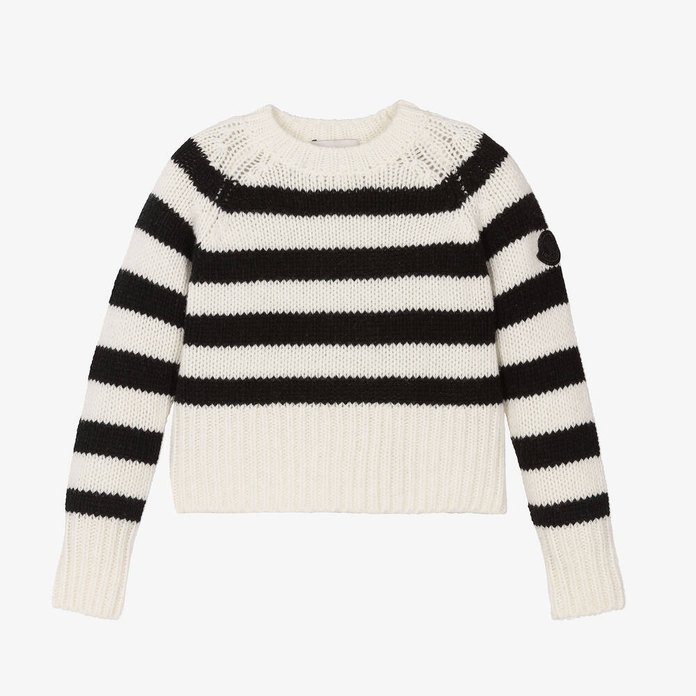 Moncler Enfant - Girls Ivory & Black Stripe Wool Sweater  | Childrensalon