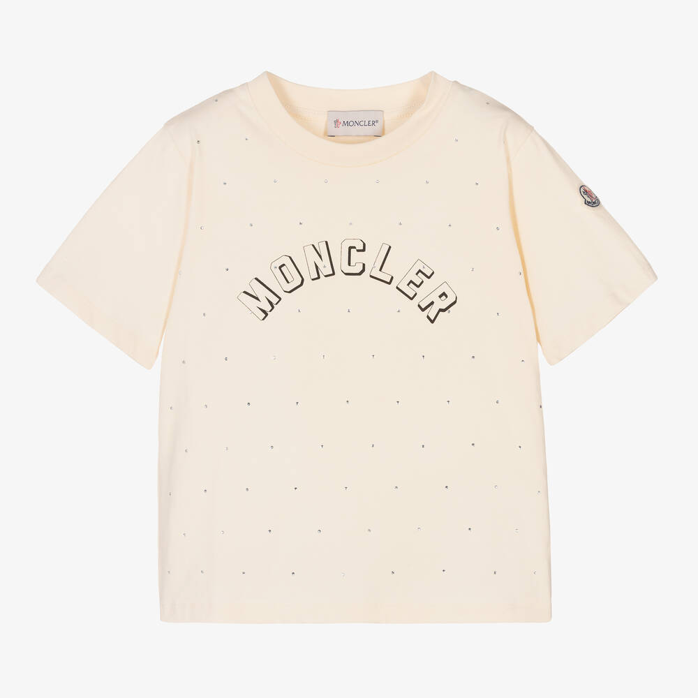 Moncler Enfant - Girls Ivory Cotton Diamanté T-Shirt | Childrensalon