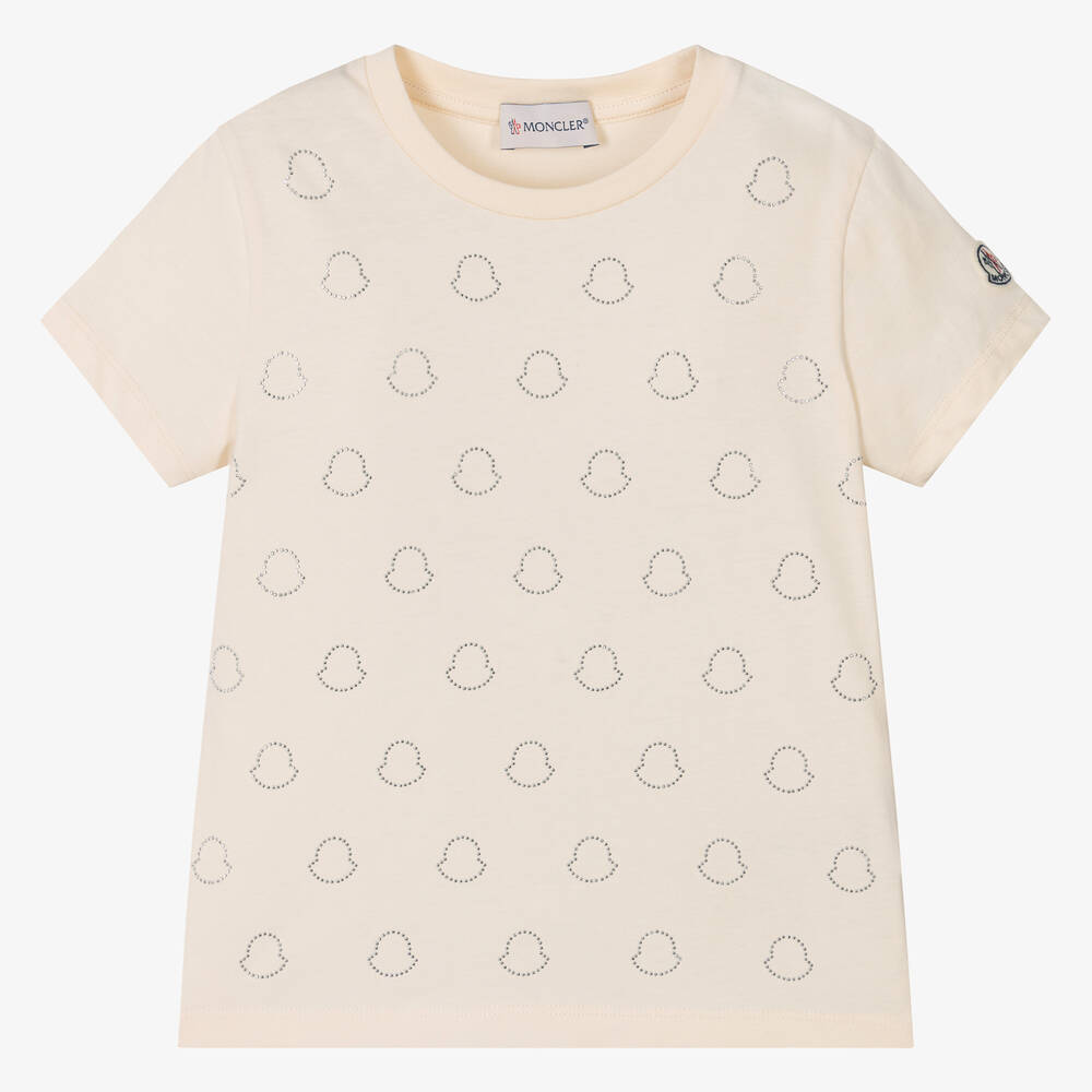 Moncler Enfant - Girls Ivory Cotton Diamanté T-Shirt | Childrensalon