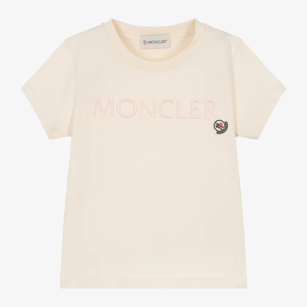 Moncler Enfant - Кремовая хлопковая футболка с вышивкой для девочек | Childrensalon