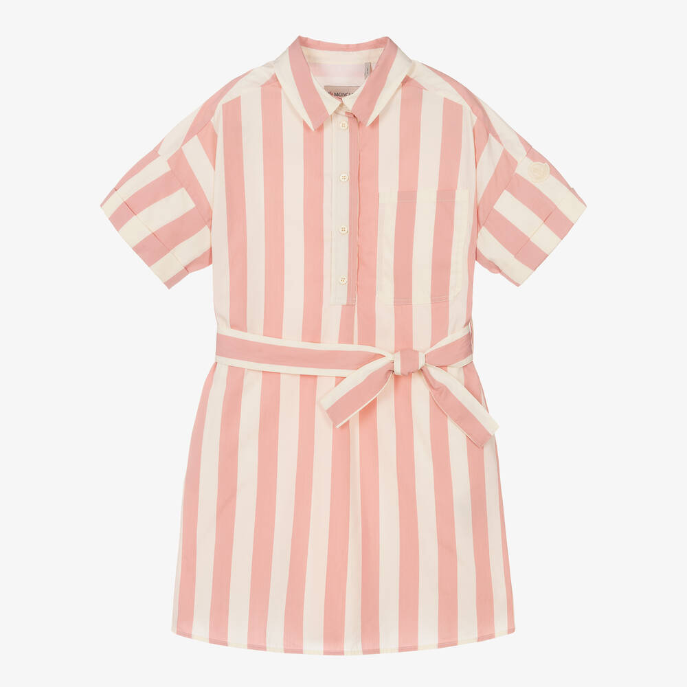 Moncler Enfant - Girls Ivory & Pink Striped Cotton Dress | Childrensalon