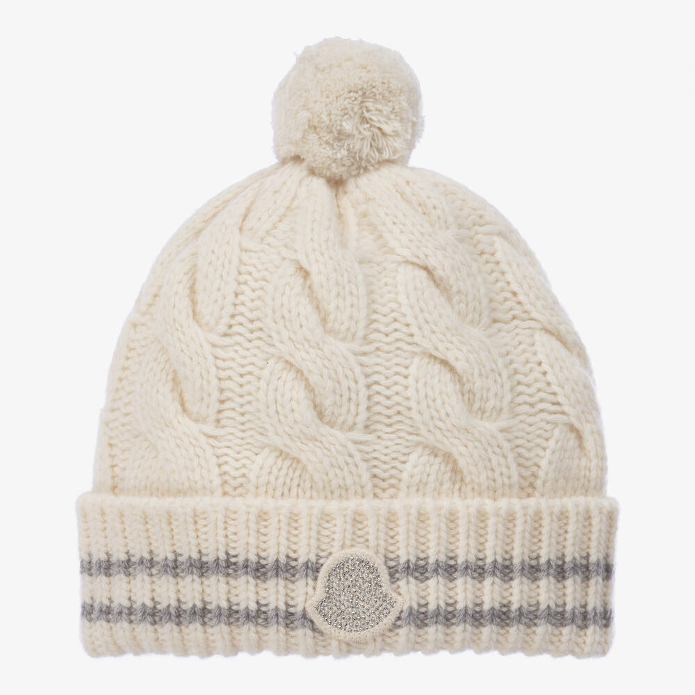 Moncler Enfant - Girls Ivory Wool Cable Knit Bobble Hat | Childrensalon