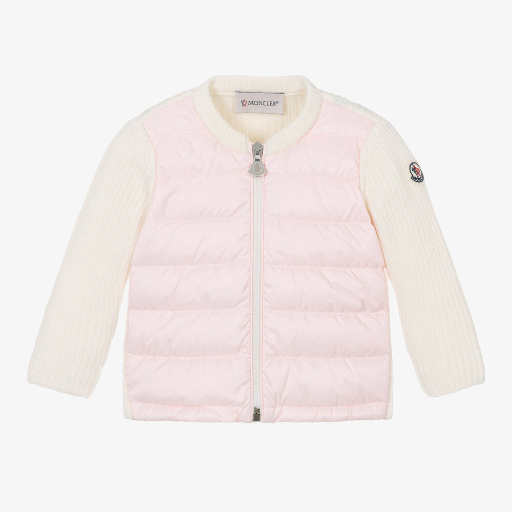 Moncler Enfant - Girls Ivory Wool & Pink Padded Cardigan | Childrensalon