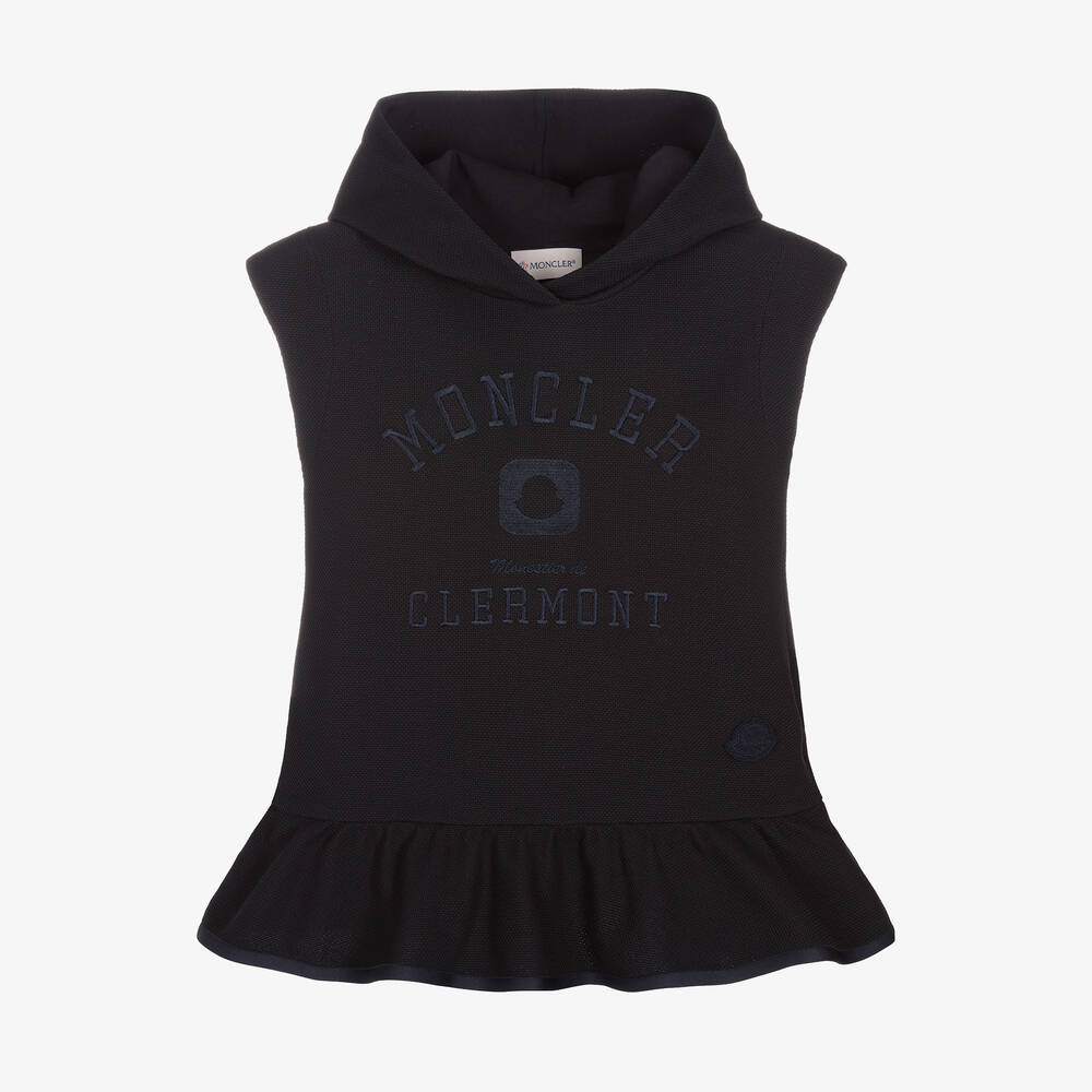Moncler Enfant - Girls Navy Blue Logo Hooded Dress | Childrensalon