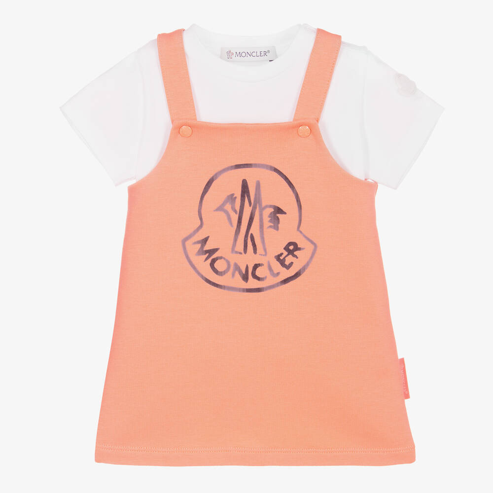 Moncler Enfant - طقم فستان قطن جيرسي لون أبيض وبرتقالي | Childrensalon