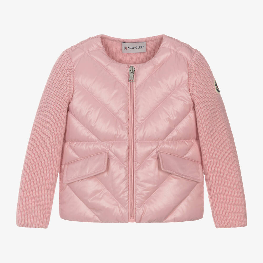 Moncler Enfant - Girls Pink Down-Padded Wool Cardigan | Childrensalon