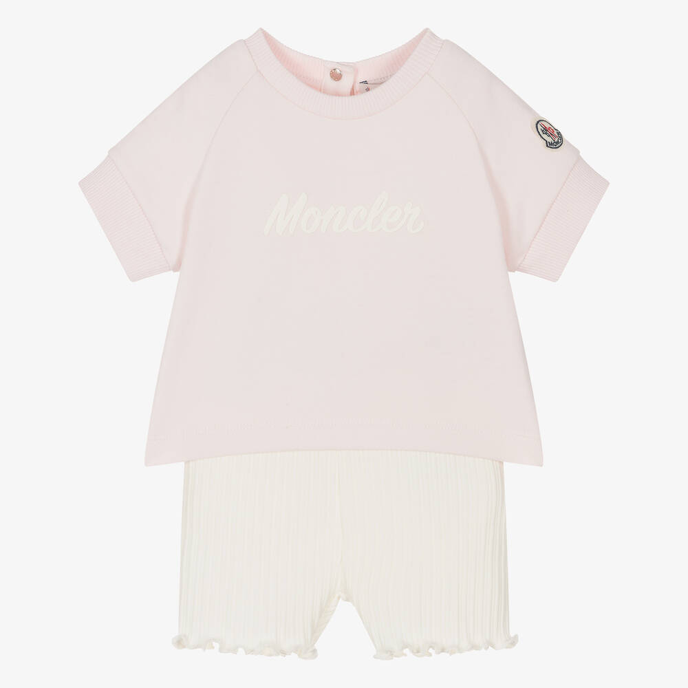 Moncler Enfant - Girls Pink & Ivory Cotton Shorts Set | Childrensalon