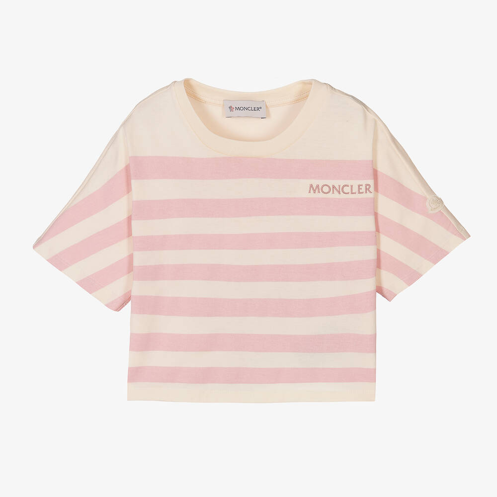 Moncler Enfant - T-shirt rose et ivoire en coton | Childrensalon
