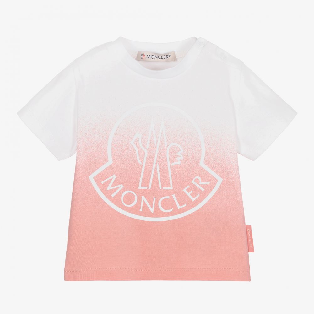 Moncler Enfant - Розово-белая футболка для девочек | Childrensalon