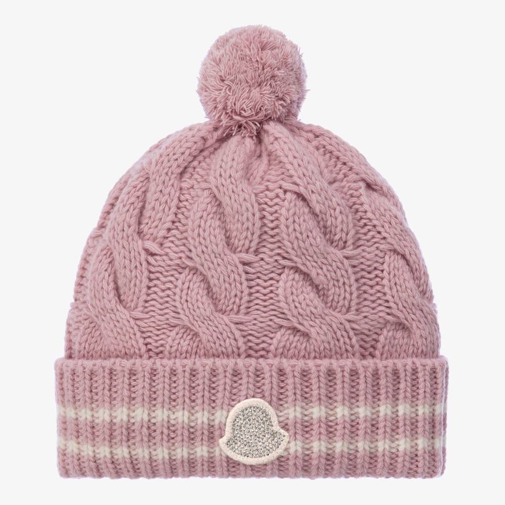 Moncler Enfant - Розовая шерстяная шапка крупной вязки с помпоном | Childrensalon