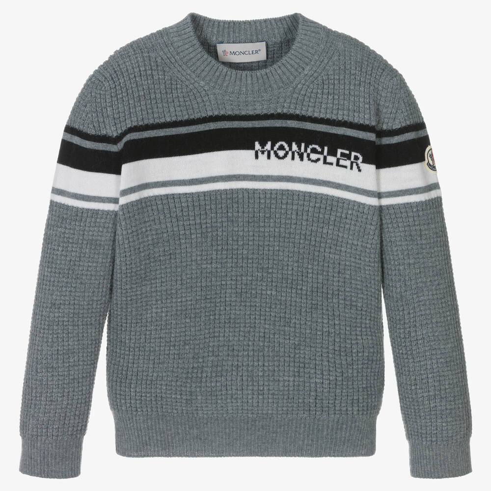 Moncler Enfant - Grey Wool Knit Logo Sweater | Childrensalon