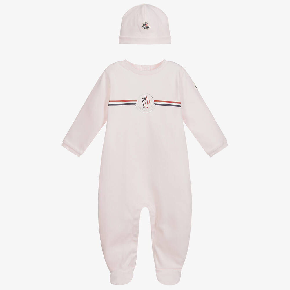 Moncler Enfant - Ensemble rose, grenouillère et bonnet en coton à logo | Childrensalon