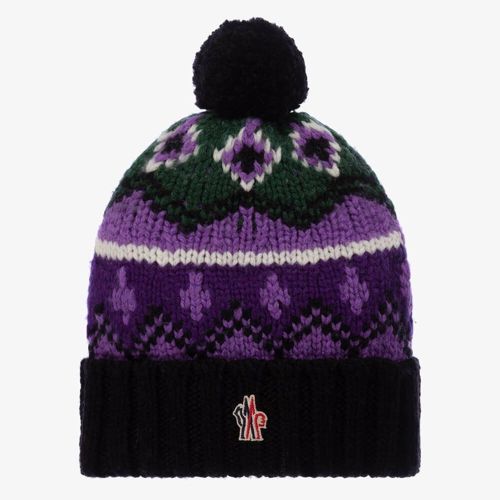 Moncler Enfant - Purple & Black Wool Knit Bobble Hat | Childrensalon