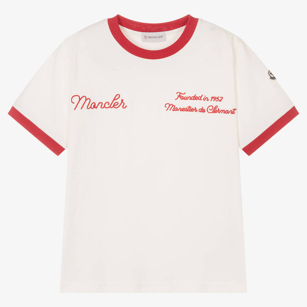 Moncler Enfant - Кремовая хлопковая футболка с красными деталями | Childrensalon
