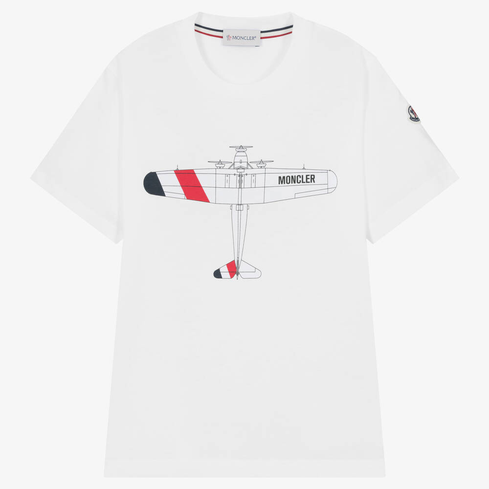 Moncler Enfant - Teen Boys White Cotton Aeroplane T-Shirt | Childrensalon