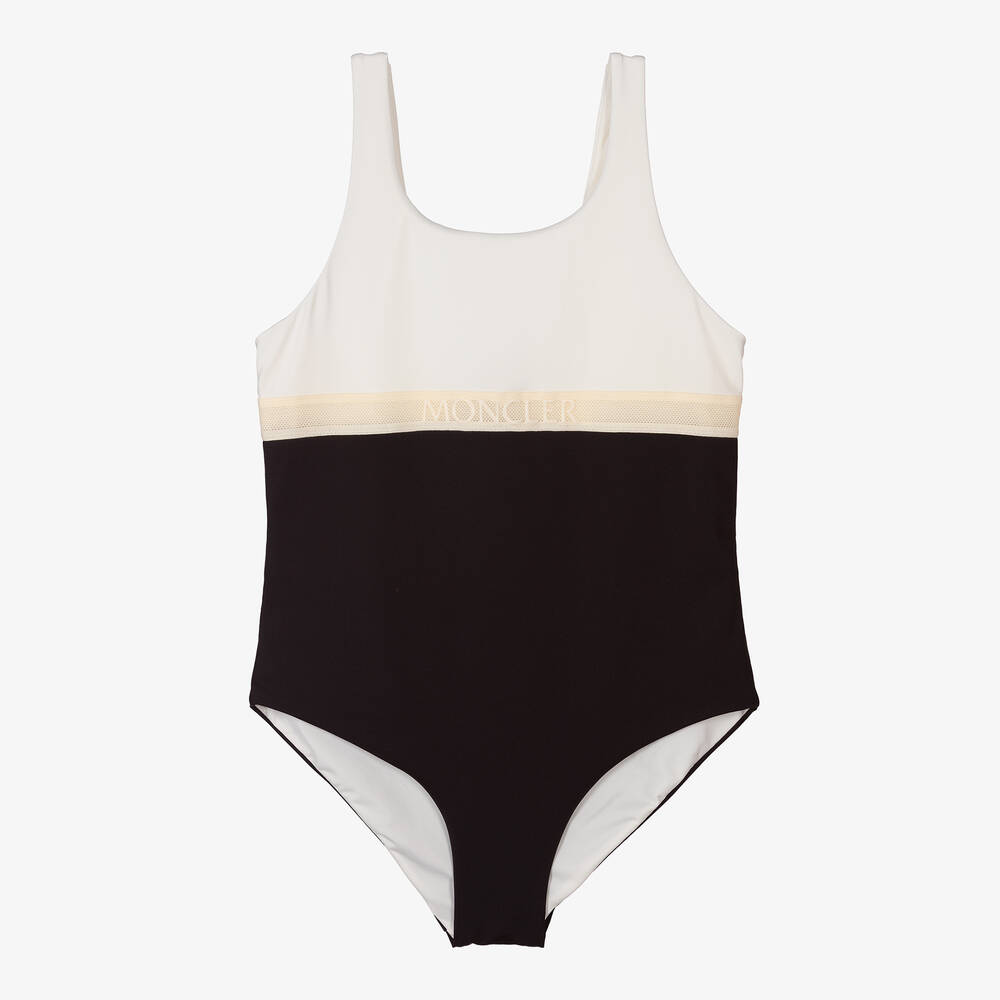 Moncler Enfant - Teen Girls Ivory & Black Logo Swimsuit | Childrensalon