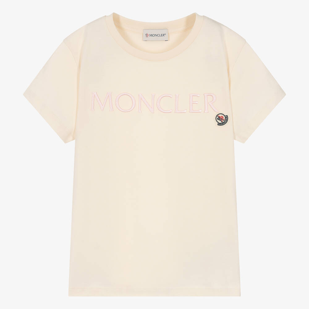 Moncler Enfant - Кремовая хлопковая футболка с вышивкой для девочек-подростков | Childrensalon