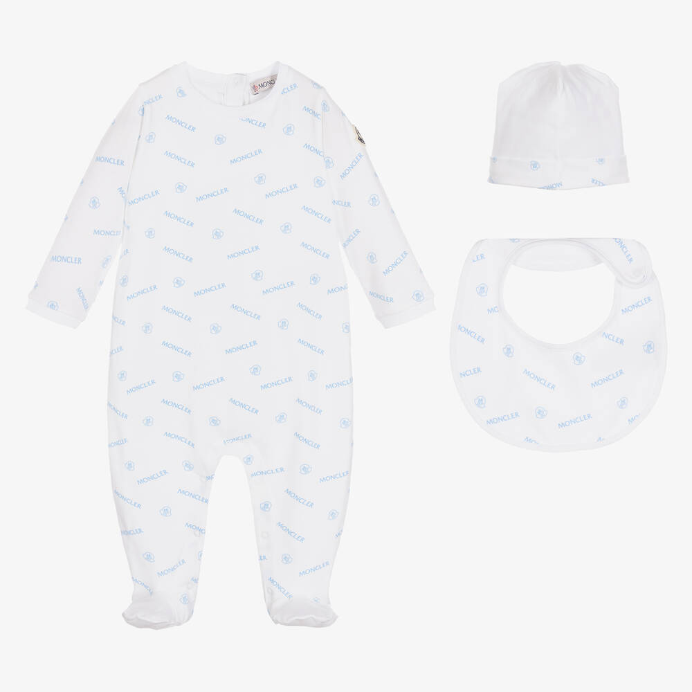 Moncler Enfant - White & Blue Logo Babygrow Set | Childrensalon