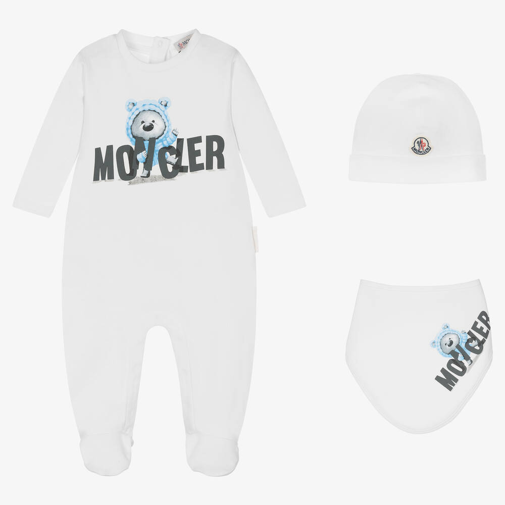 Moncler Enfant - White Cotton Teddy Babygrow Set | Childrensalon
