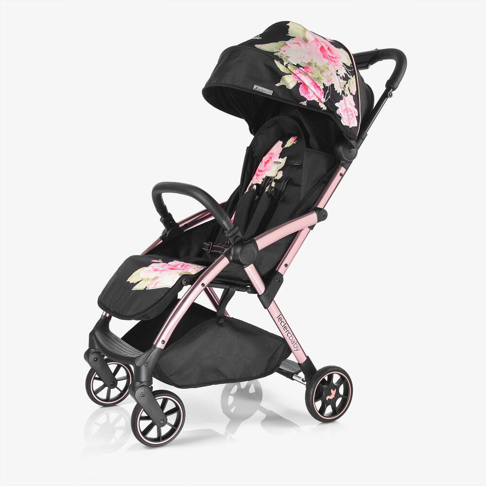 Monnalisa - Poussette bébé noire à fleurs | Childrensalon