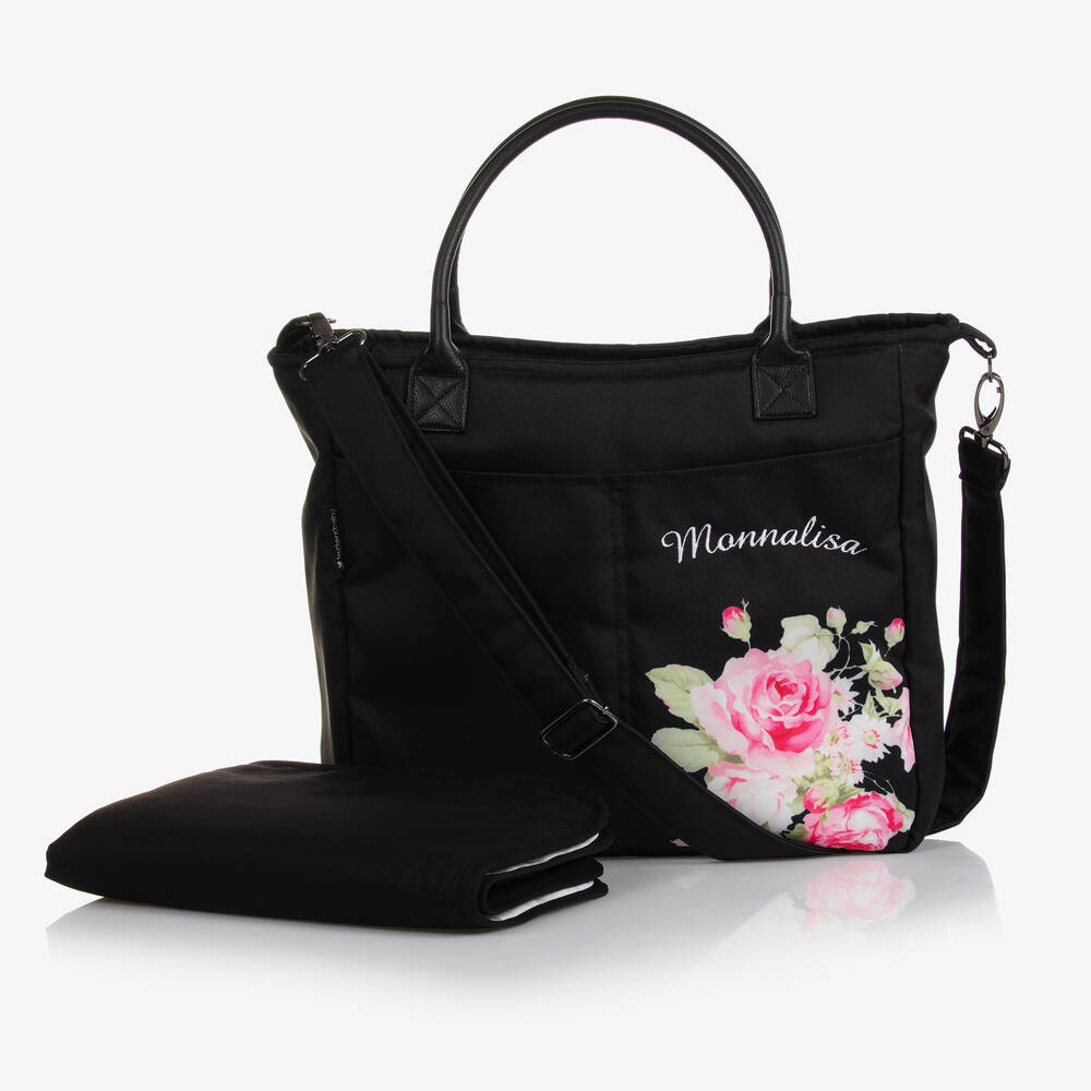 Monnalisa - Черная пеленальная сумка с цветами (36см) | Childrensalon