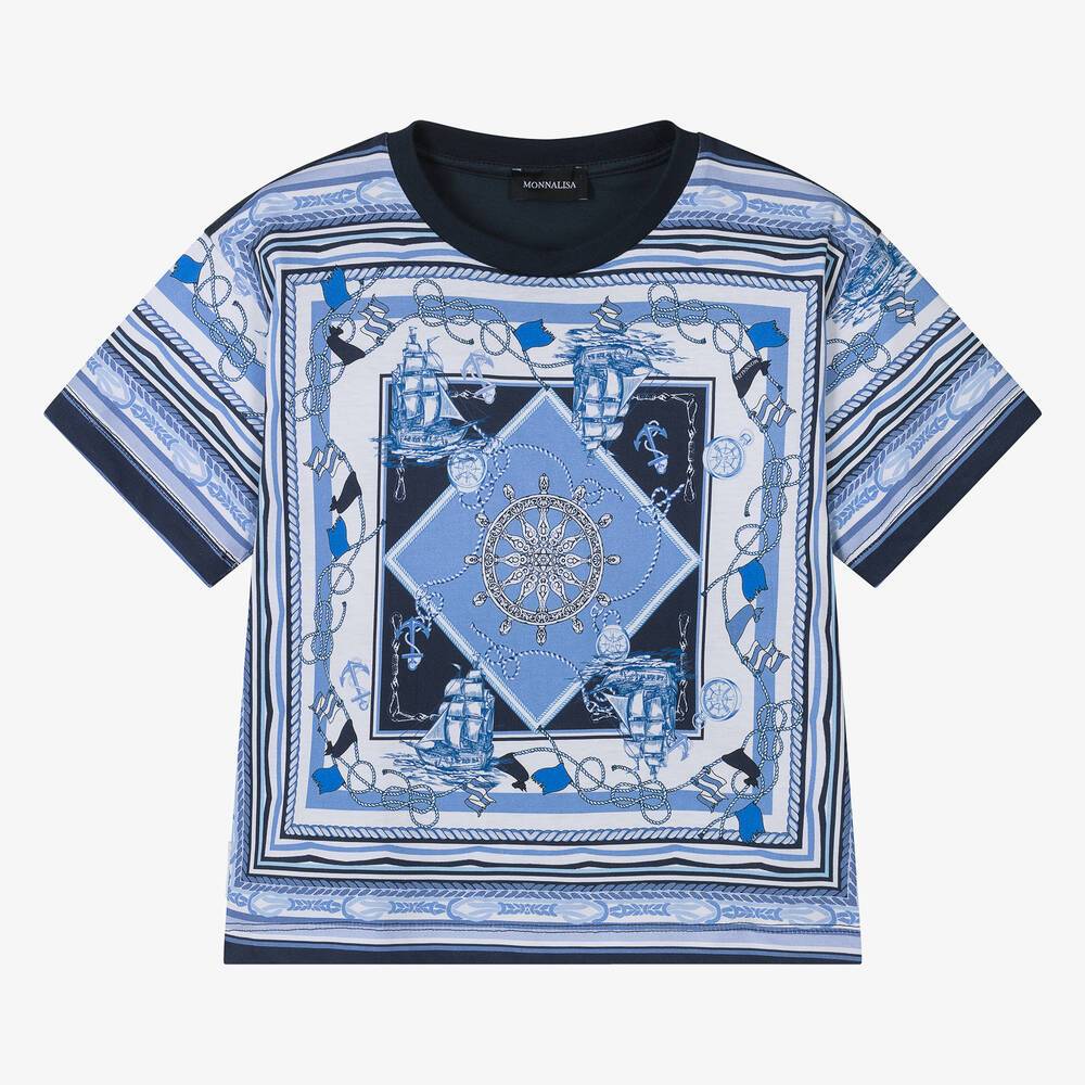 Monnalisa - Boys Blue Cotton Nautical Print T-Shirt | Childrensalon