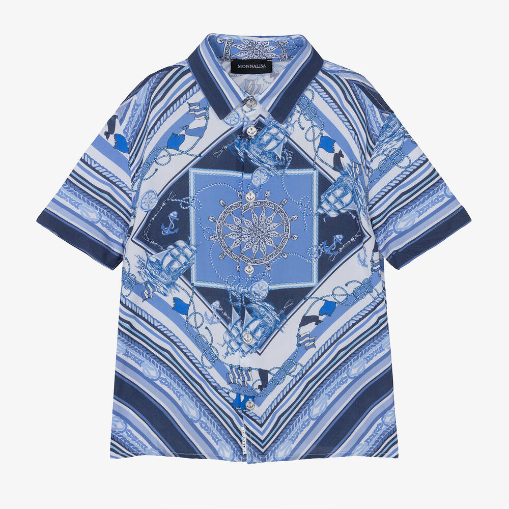 Monnalisa Kids' Boys Blue Nautical Print Viscose Shirt