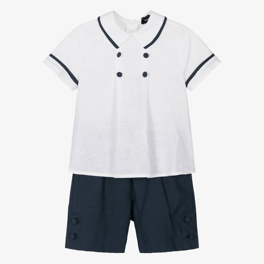 Monnalisa - Boys Blue & White Cotton & Linen Shorts Set | Childrensalon