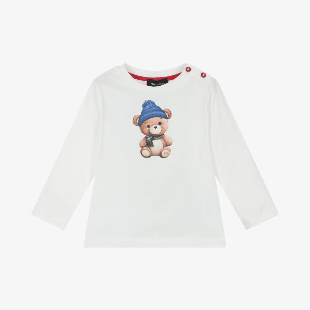 Monnalisa - Boys Ivory Bear Print Cotton Top | Childrensalon