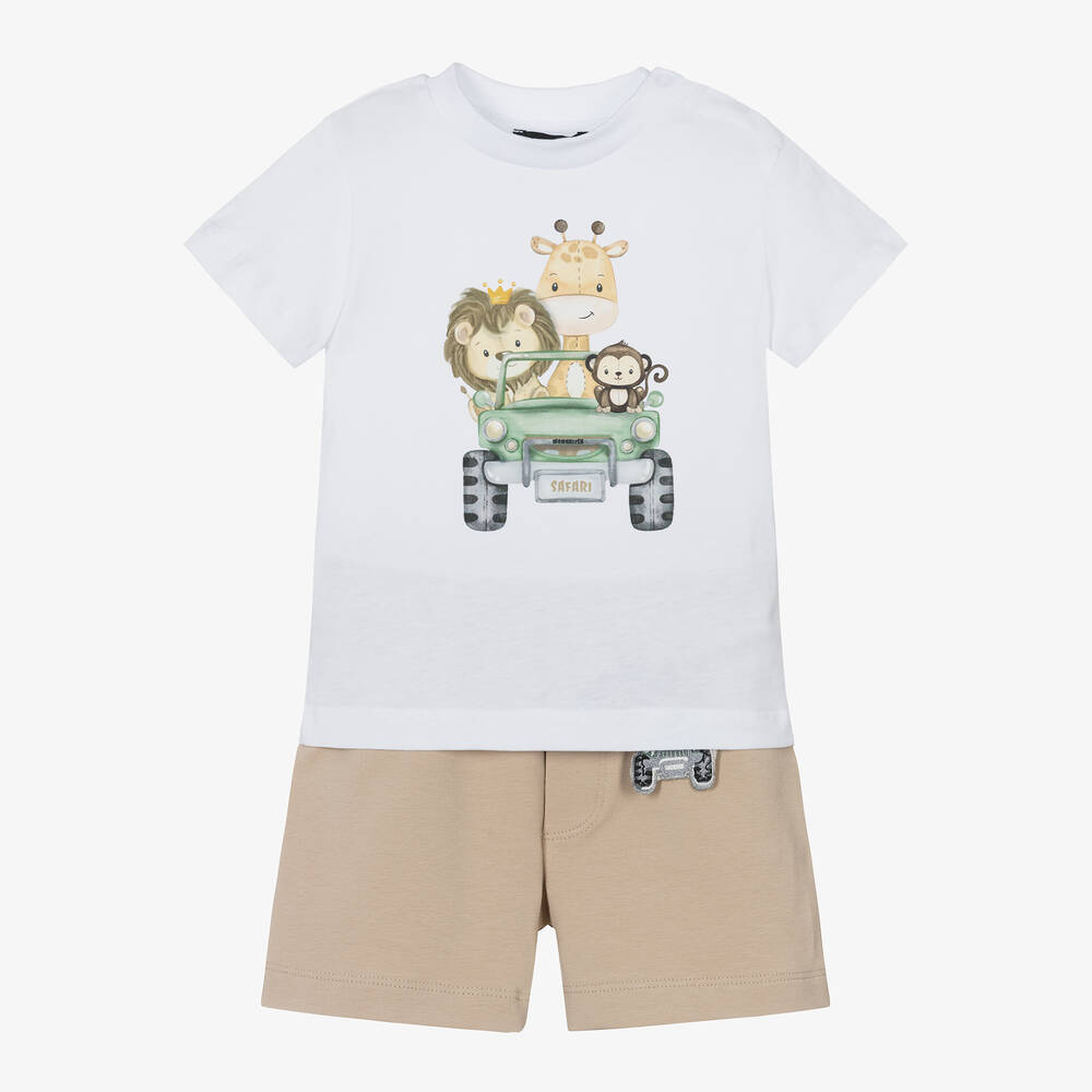 Monnalisa - Boys White & Beige Safari Shorts Set | Childrensalon