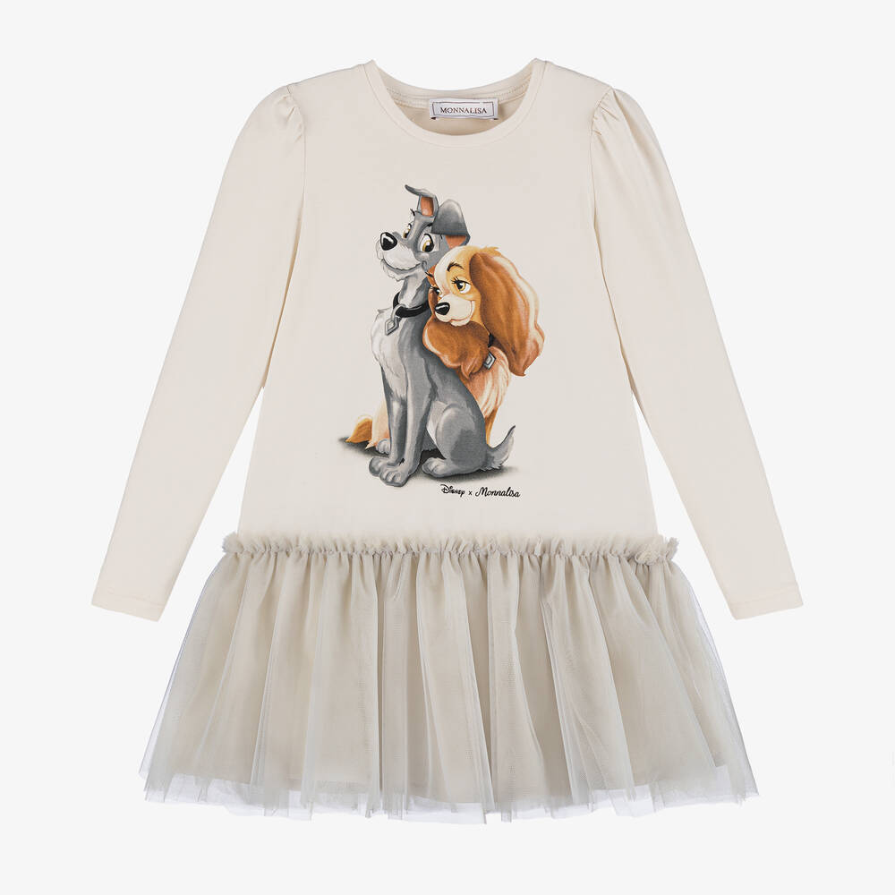 Monnalisa - Girls Beige Cotton Disney Dress | Childrensalon