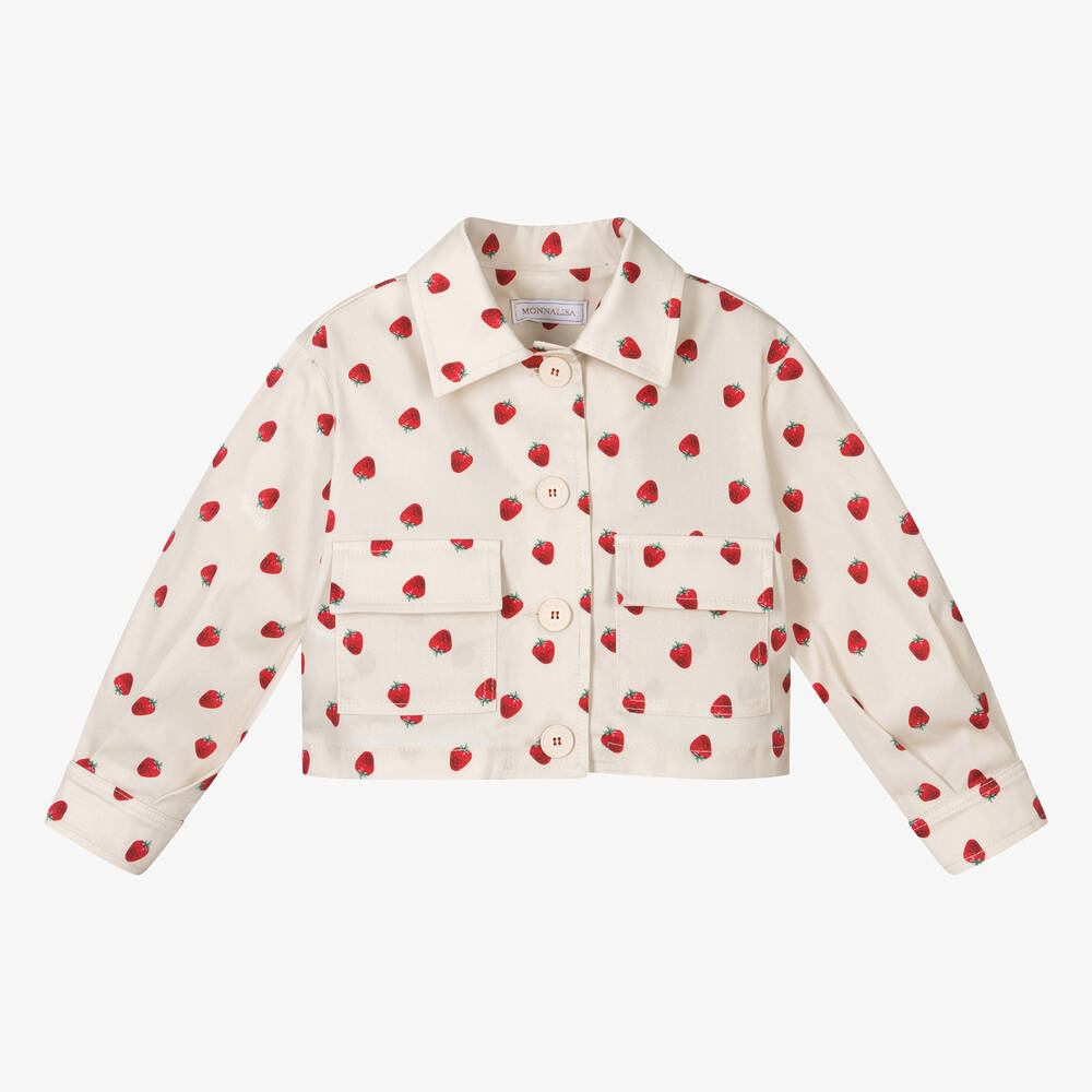 Monnalisa - Girls Beige Cotton Strawberry Jacket | Childrensalon