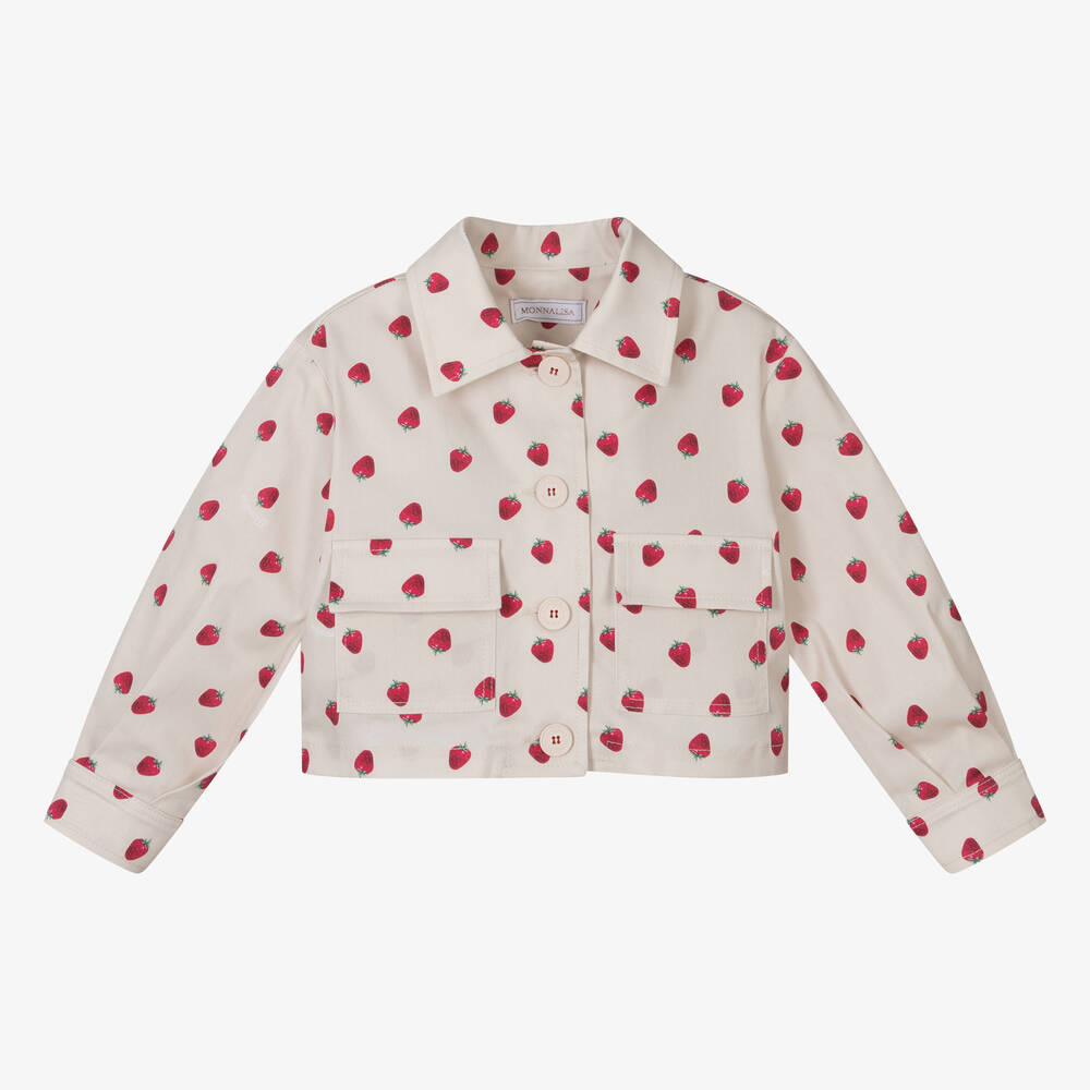 Monnalisa Kids' Girls Beige Cotton Strawberry Jacket