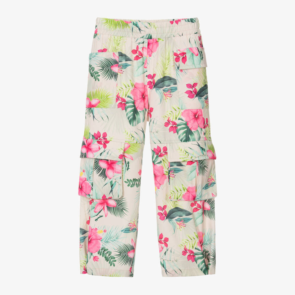 Monnalisa - Girls Beige Floral Crêpe Cargo Trousers | Childrensalon