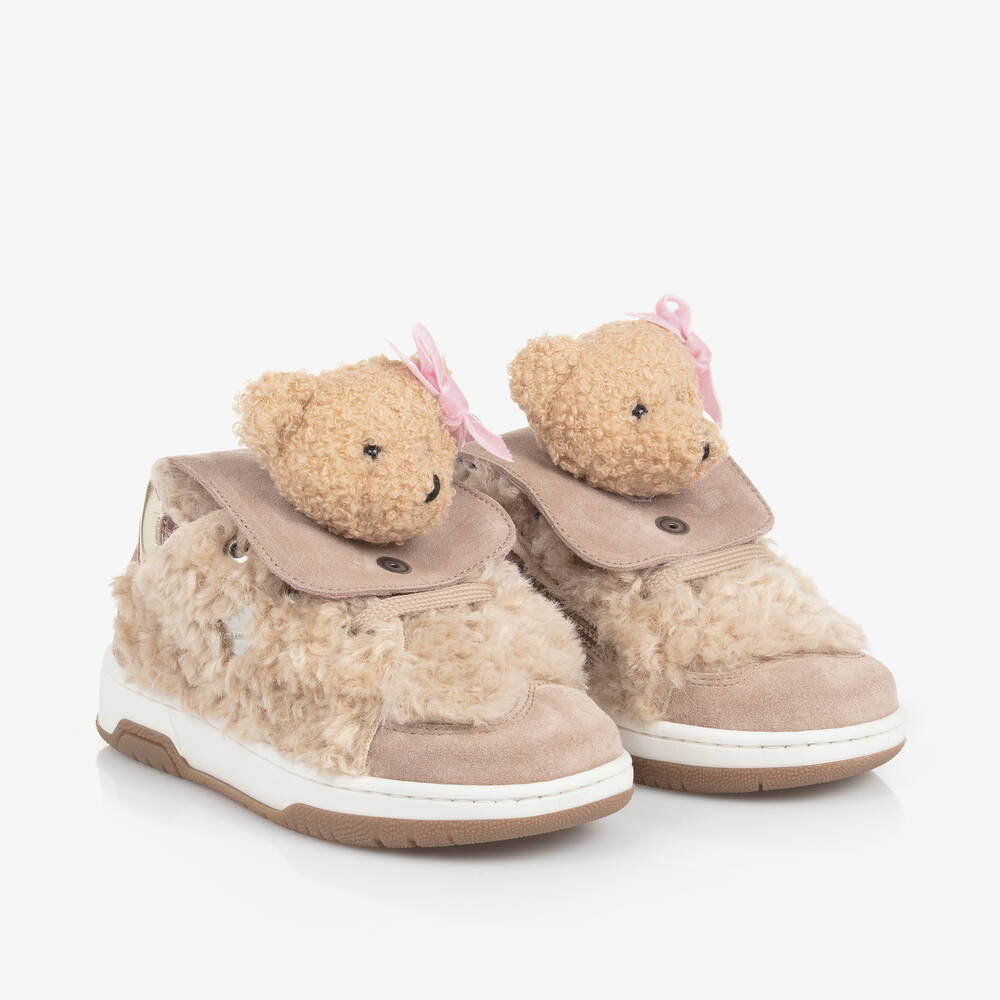 Monnalisa - Girls Beige & Pink Teddy Bear Trainers | Childrensalon