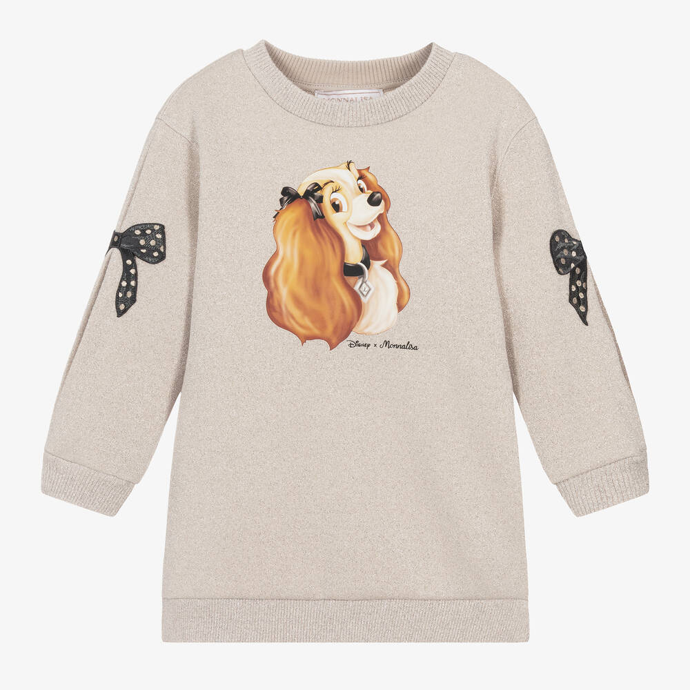 Monnalisa - Girls Beige Sparkly Disney Sweatshirt Dress | Childrensalon
