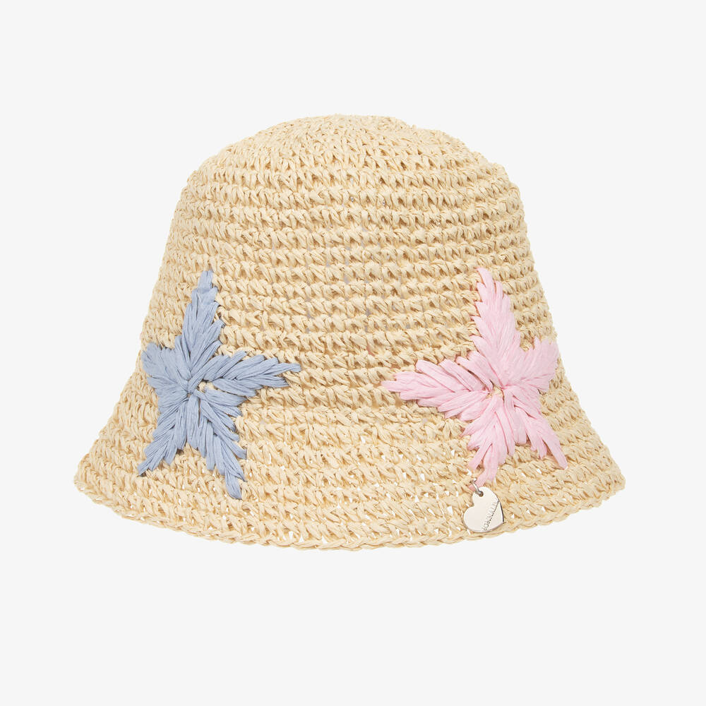 Monnalisa - قبعة قش لون بيج فاتح مزينة بنجوم للبنات | Childrensalon