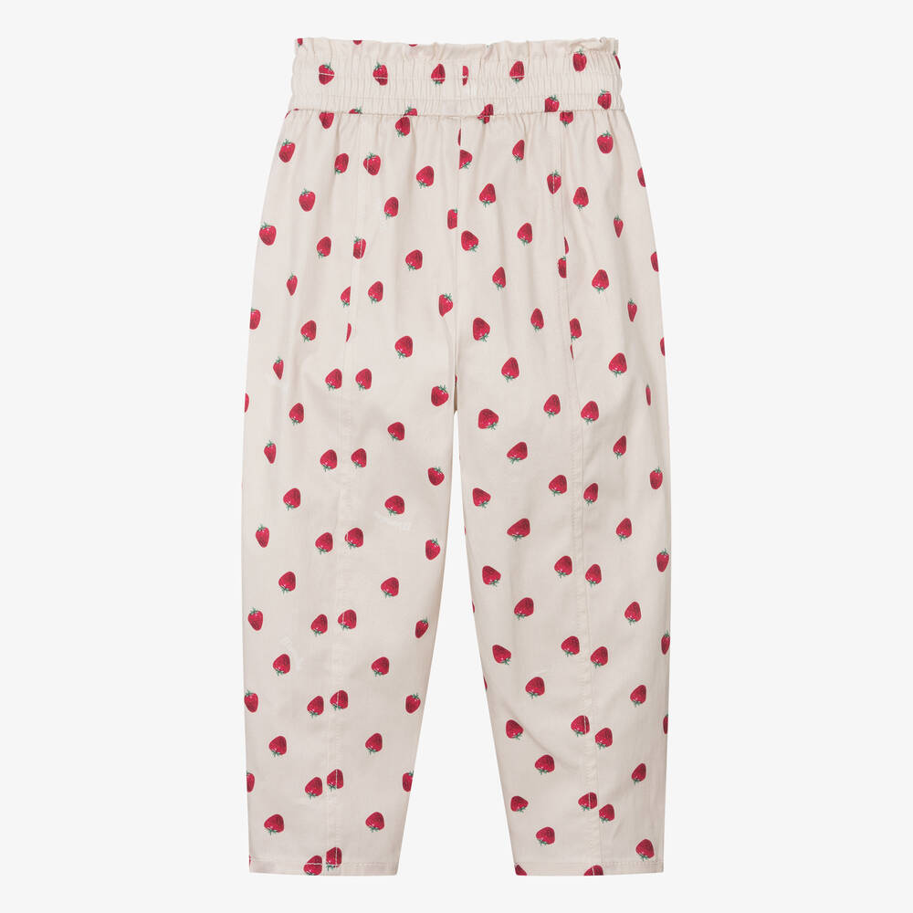 Monnalisa - Girls Beige Strawberry Cotton Trousers | Childrensalon