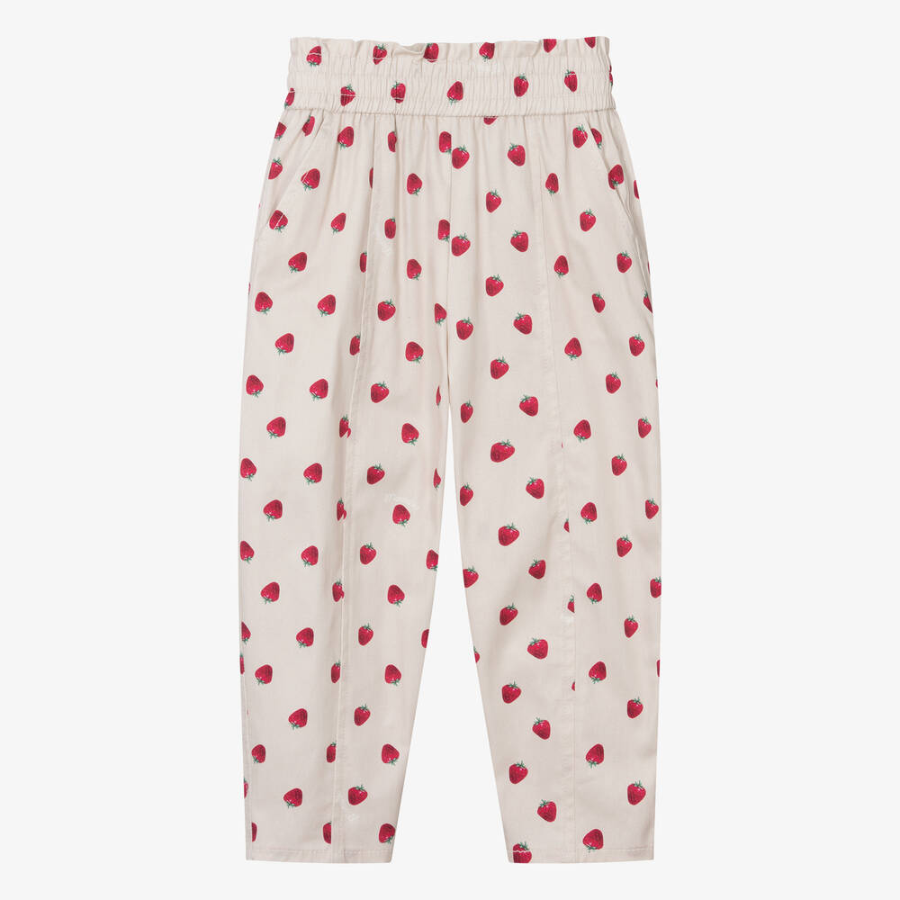 Shop Monnalisa Girls Beige Strawberry Cotton Trousers