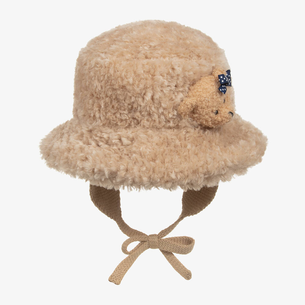 Monnalisa - Girls Beige Teddy Fleece Hat | Childrensalon