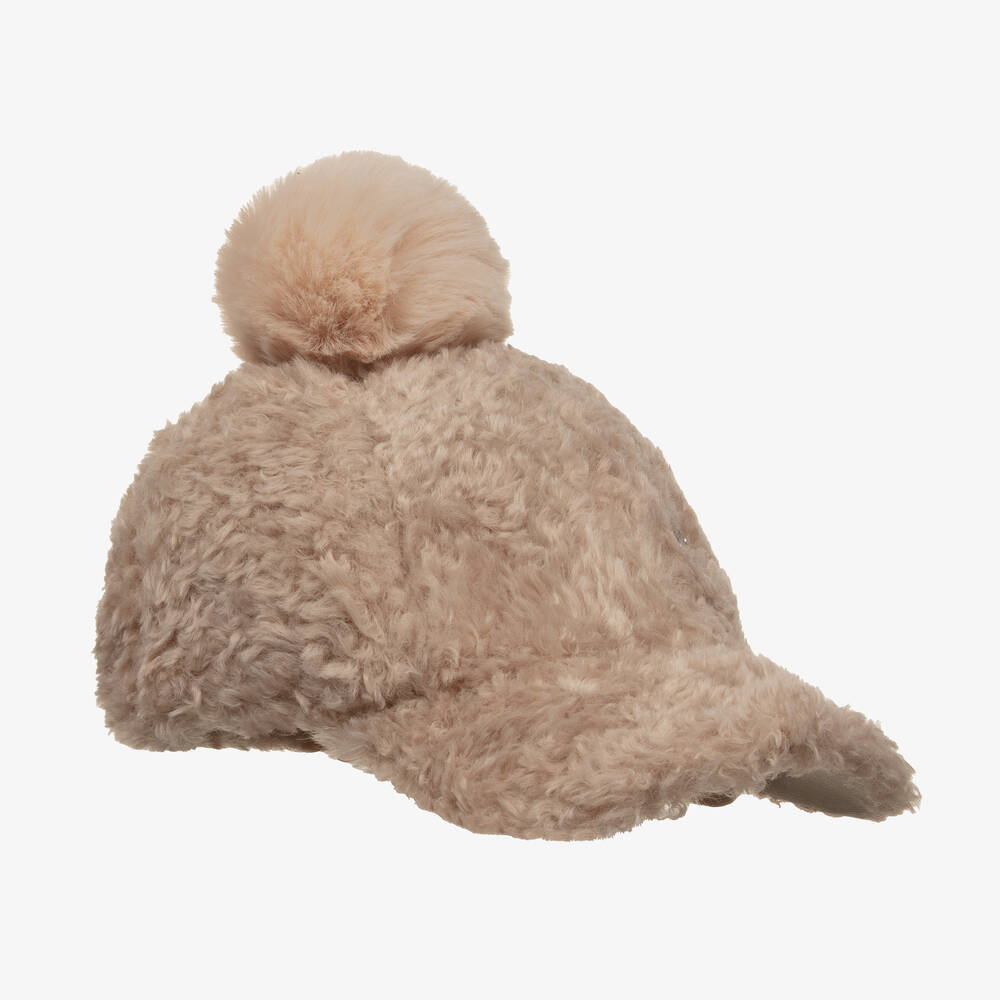 Monnalisa - Girls Beige Teddy Fleece Pom-Pom Cap | Childrensalon