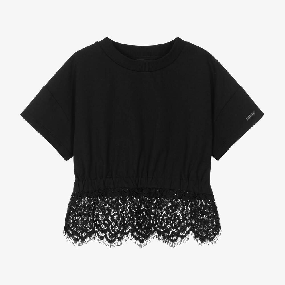 Monnalisa - Girls Black Cotton & Lace T-Shirt | Childrensalon