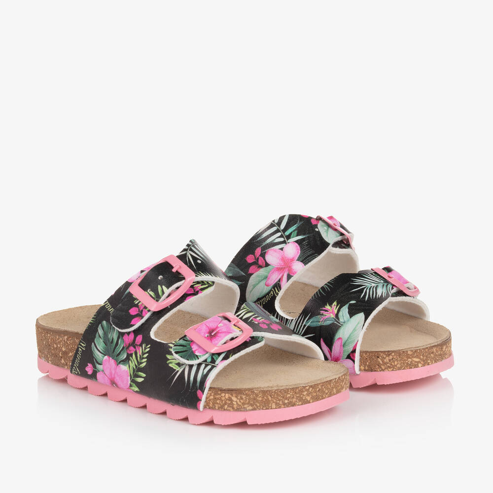 Monnalisa - Girls Black & Pink Floral Sandals | Childrensalon