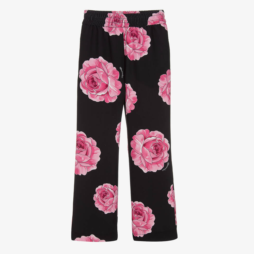 Monnalisa Chic - Girls Black & Pink Rose Print Trousers | Childrensalon